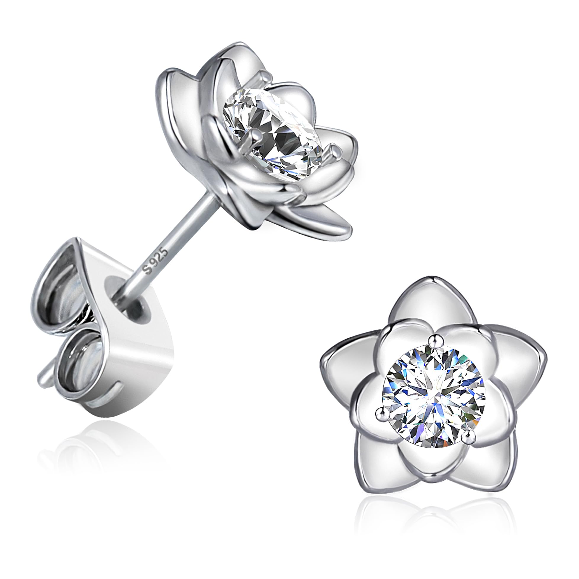 SOVESI Sterling Silver Cubic Zirconia Flower Stud Earrings for Women - Hypoallergenic White Gold Plated Diamond-Like Studs - Perfect for Weddings, Parties & Everyday Wear