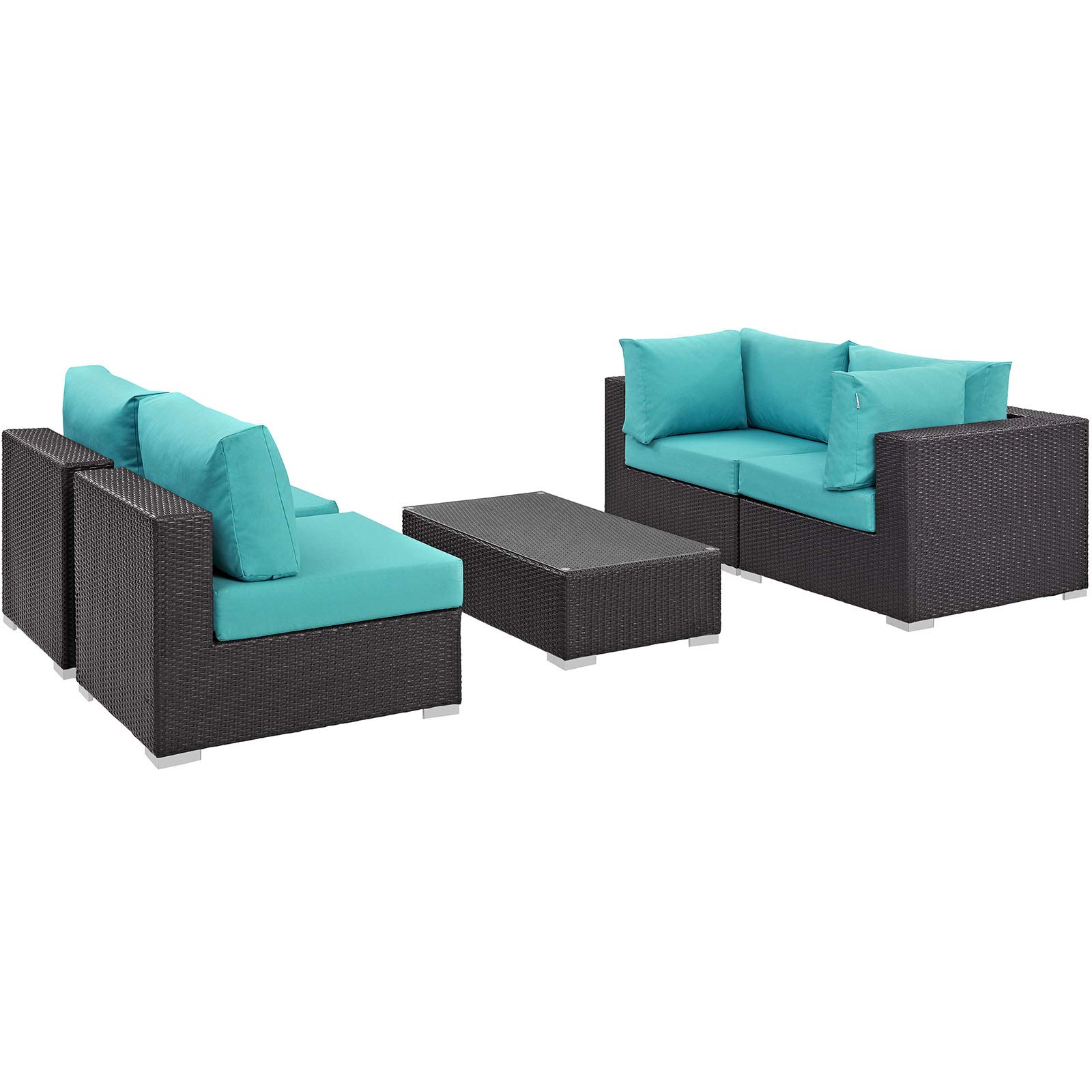 Modway Convene 5-Piece Wicker Rattan Outdoor Patio Furniture Set - Espresso & Turquoise Color - Perfect for Backyard, Garden, Poolside or Balcony Relaxation