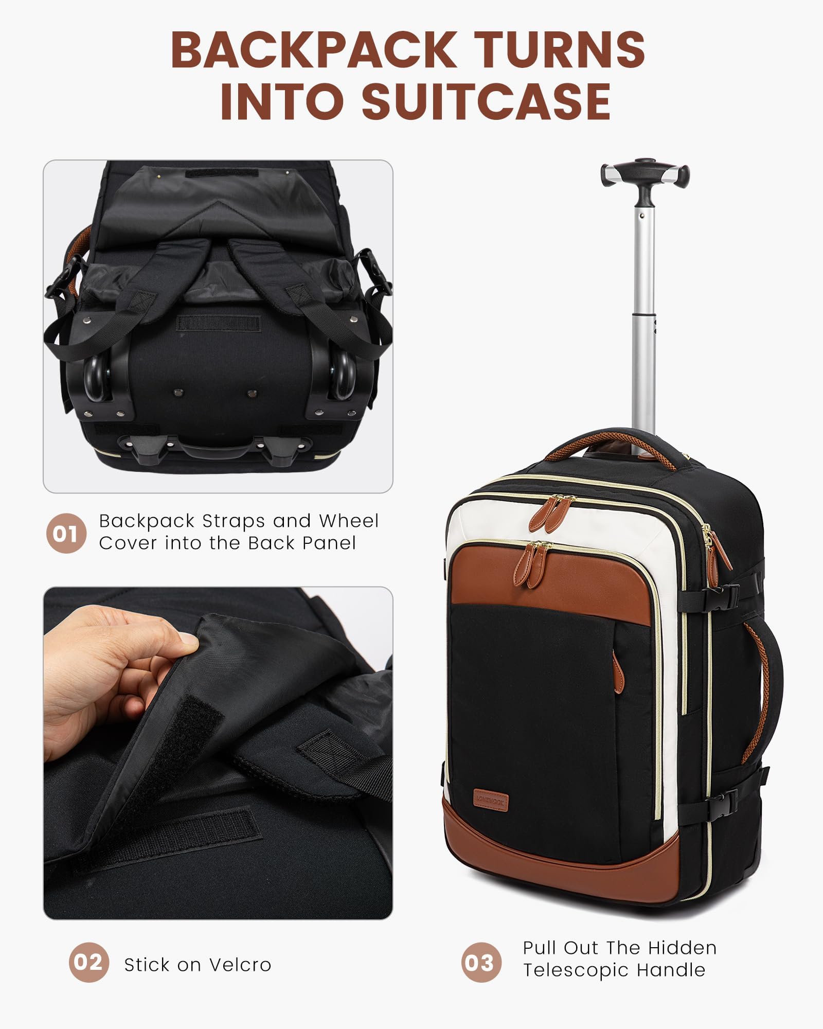 LOVEVOOK 50L Rolling Backpack for Women & Men - Wheeled Travel Backpack with 17.3 Inch Laptop Compartment, Carry On Luggage for Airplane, Flight Approved Personal Item Suitcase - Perfect for Business Trips, College Students & Commuting