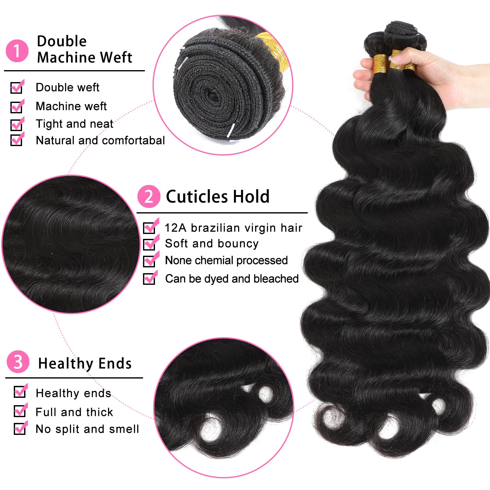 12A Body Wave Human Hair Bundles 100% Unprocessed Brazilian Virgin Hair - 28/30/32 Inches Wavy Weave Bundles (3-Pack, Natural Color) for Stunning Hair Extensions & Everyday Glamour