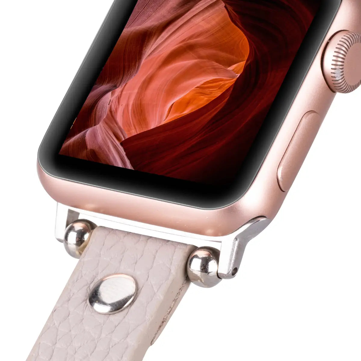 Slim Beige Leather Apple Watch Band with Silver Rivet - Stylish & Comfortable Replacement Strap for Work, Gym & Everyday Wear