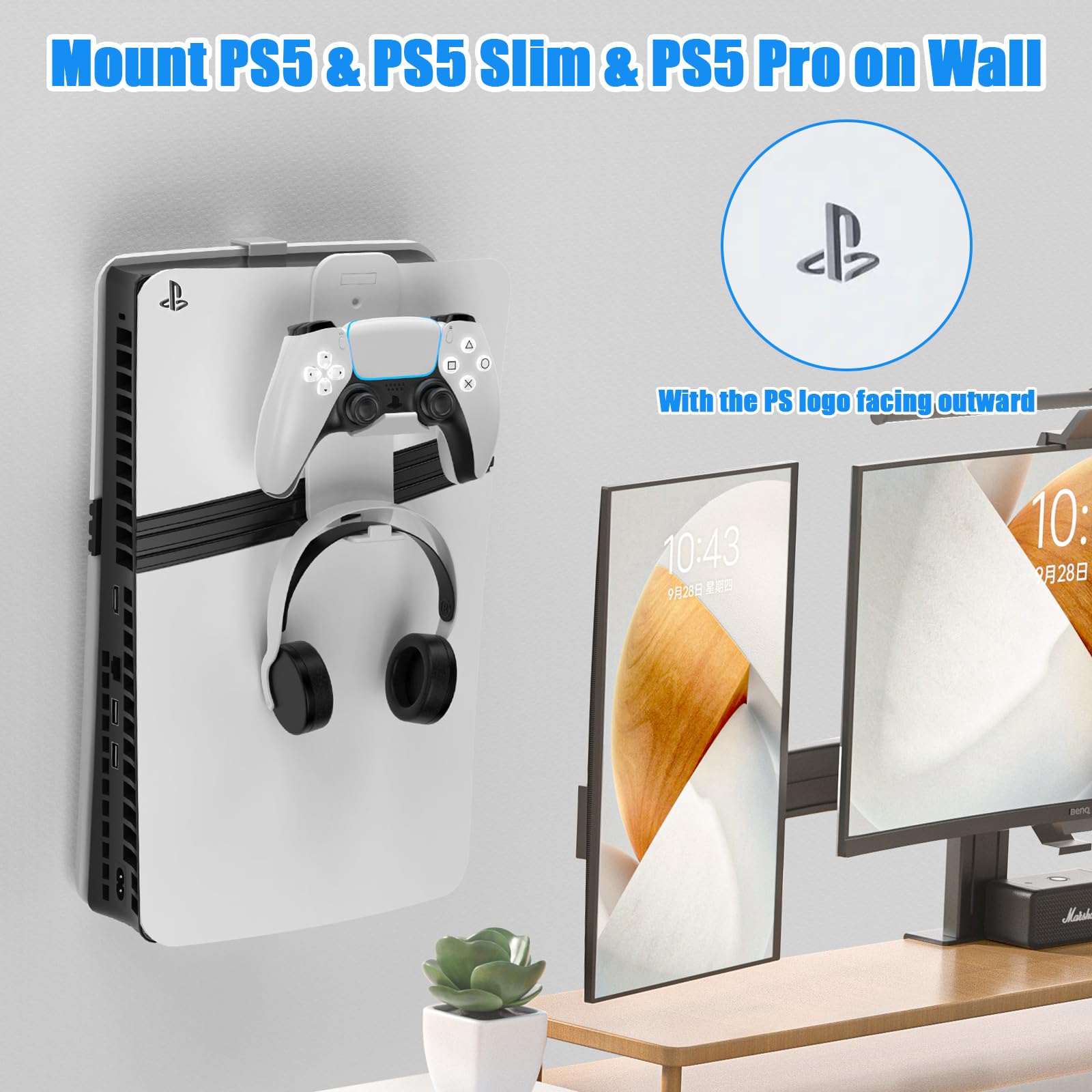 PS5 Slim Wall Mount Bracket - Heavy Duty Steel Wall Mount for PlayStation 5 Slim with Controller Headset Holder (White) | Perfect for Gaming Room Setup & Space-Saving Console Storage