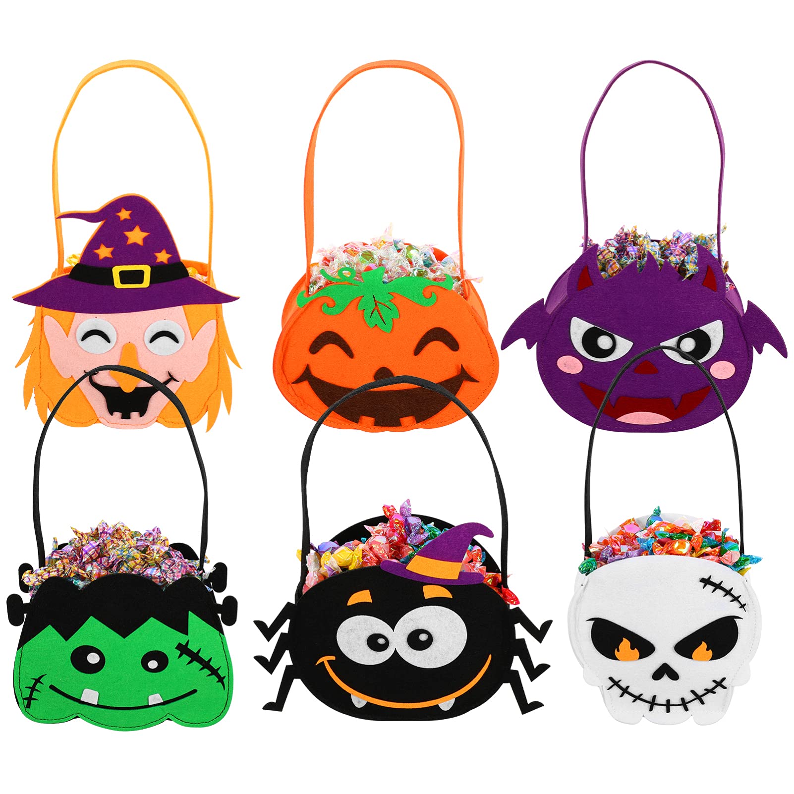 6-Piece Halloween Pumpkin Candy Bags - Reusable Non-Woven Trick or Treat Tote Bags for Kids, Cartoon Goodie Handbags - Perfect for Halloween Parties, School Events & Neighborhood Trick-or-Treating