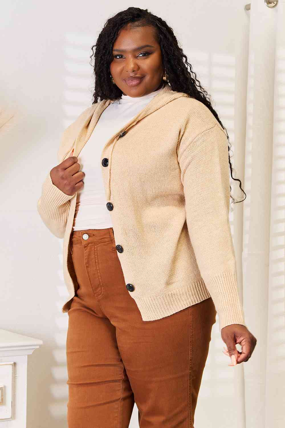 Stylish Tan Button Down Long Sleeve Hooded Sweater for Men & Women | Cozy Fall & Winter Pullover | Perfect for Casual Outfits, Layering and Outdoor Activities
