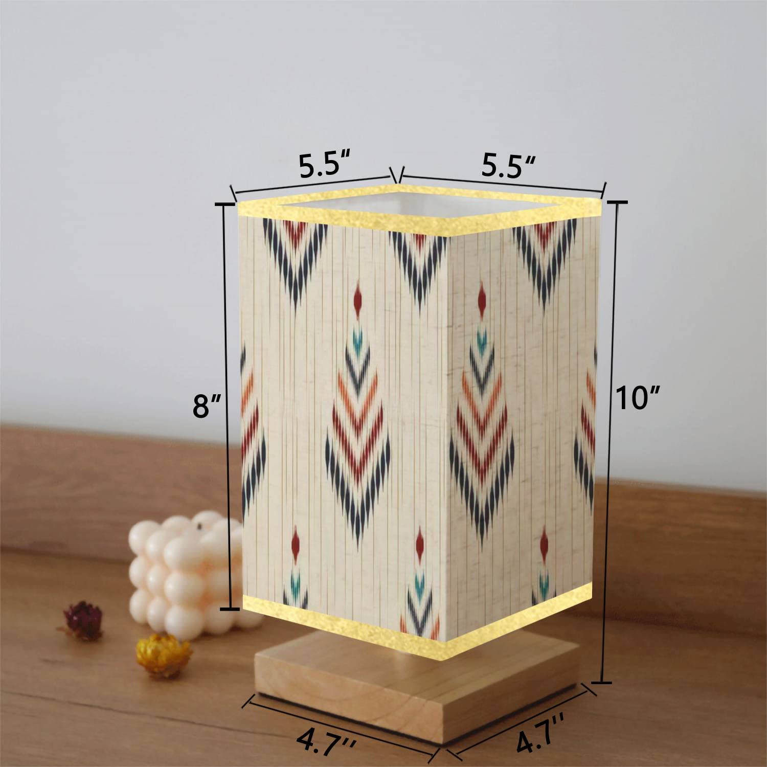 Ethnic Abstract Ikat Table Lamp with Wooden Base & Flaxen Fabric Shade - Dimmable Bedside Nightstand Lamp for Bedroom, Living Room | Tribal Folk Embroidery Design | Perfect for Reading, Relaxing & Home Decor