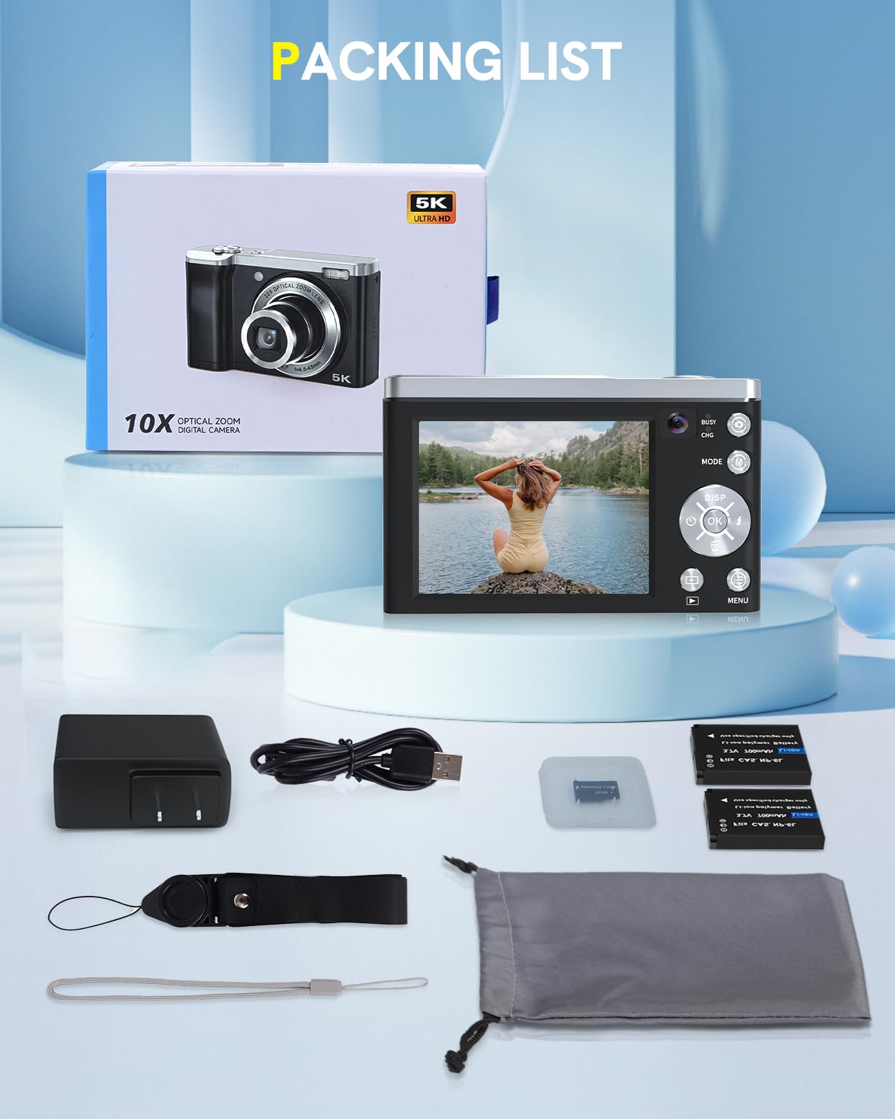 5K Digital Camera 56MP Autofocus Vlogging Camera with 10X Optical Zoom, Dual Front & Rear Cameras, 6-Axis Anti-Shake, Touch Screen - Includes 64GB SD Card & 2 Batteries - Perfect for Travel, YouTube Vlogging, and Outdoor Photography