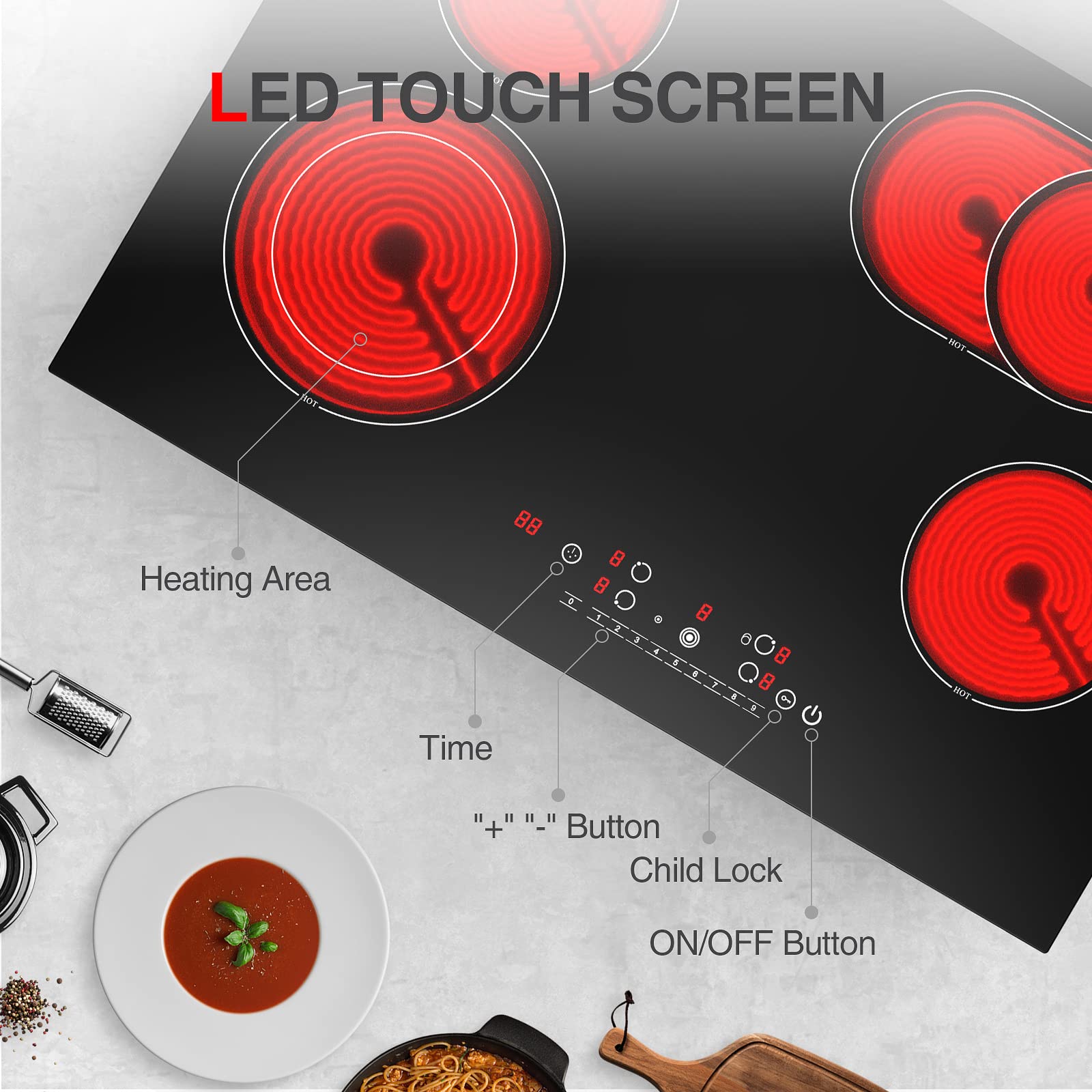 30 Inch Built-in Electric Cooktop - 6800W Ceramic Stove with 4 Burners, 9 Heating Levels, Touch Screen Controls, Timer & Safety Lock - Perfect for Modern Kitchens, Home Cooking & Professional Chefs
