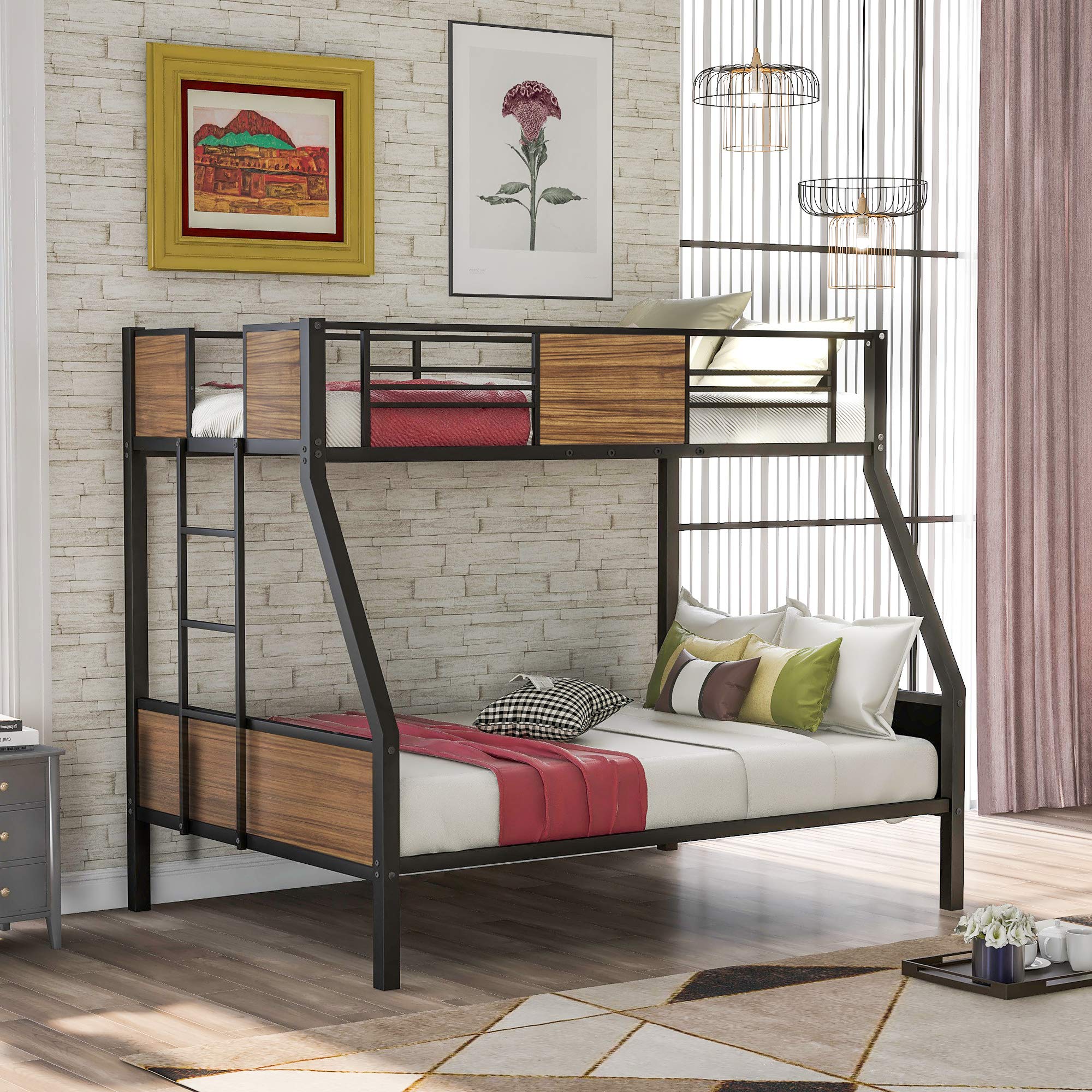 Kteam Twin-Over-Full Bunk Bed - Modern Steel Frame with Safety Rail & Built-in Ladder - Space Saving Kids Bedroom Furniture (Brown) - Perfect for Small Rooms, Dorms & Shared Kids' Spaces