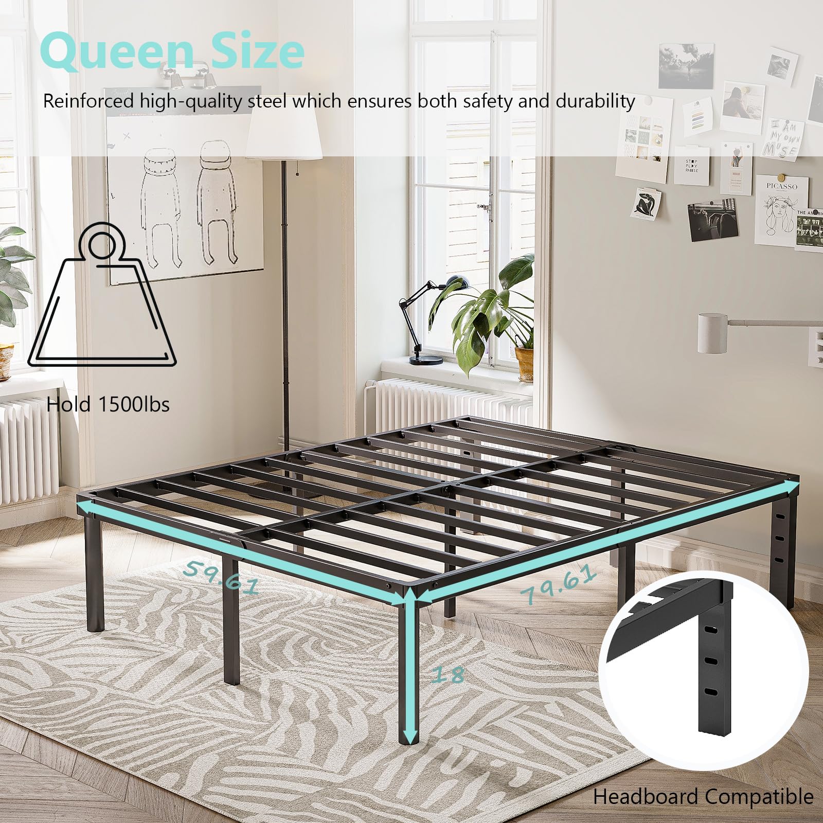 **Heavy Duty 18 Inch Queen Metal Bed Frame - No Box Spring Needed, Easy Assembly, Noise-Free Platform Bed - Perfect for Master Bedrooms, Guest Rooms & Apartments (Black, Model 4004-18B)**