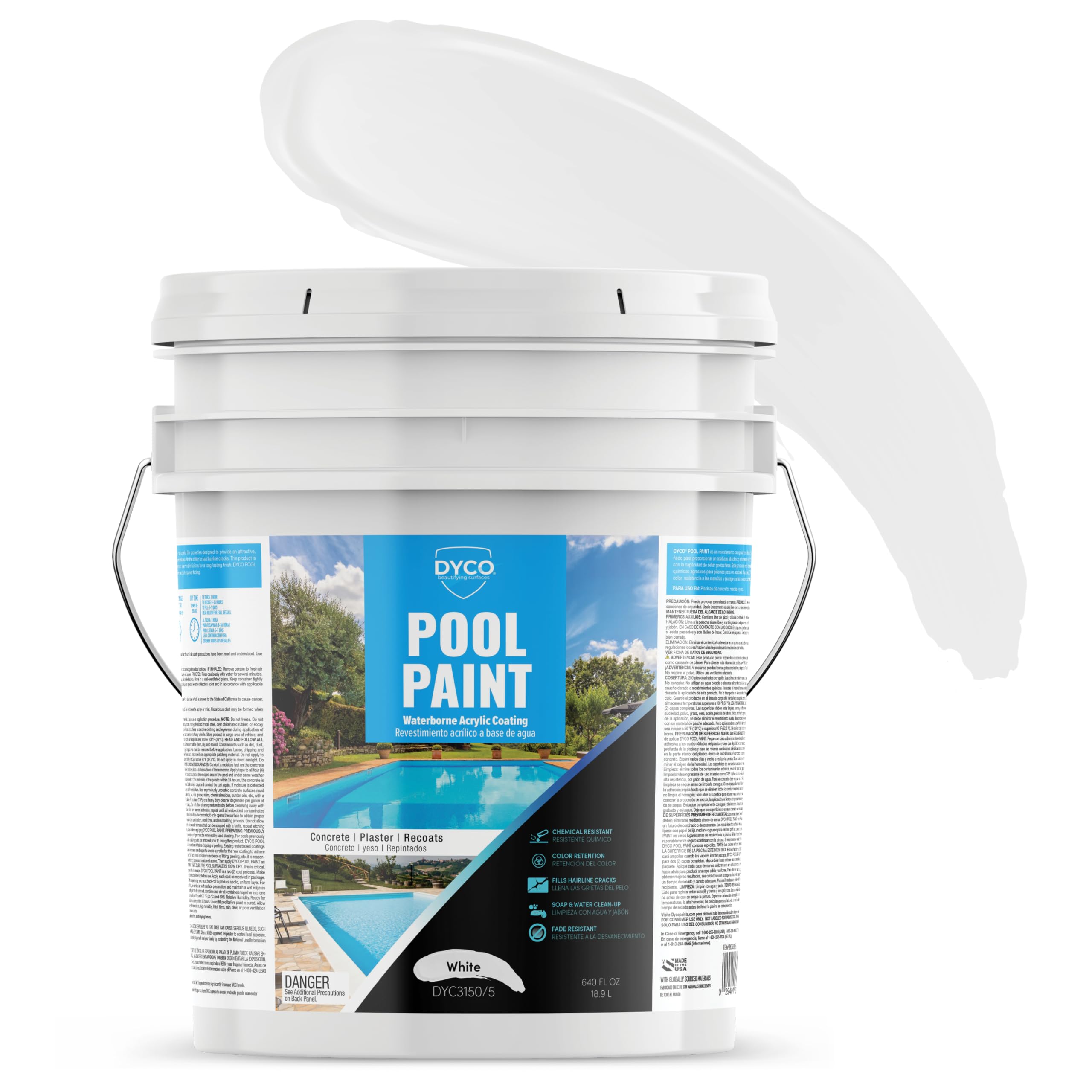 Dyco Waterborne Acrylic Pool Paint - UV, Water, Salt & Chemical Resistant - Prevents Fading & Cracking - Seals Hairline Cracks - Long Lasting 5-8 Years - White 5 Gallon - Perfect for Inground & Above Ground Pools, Pool Decks & Concrete Surfaces