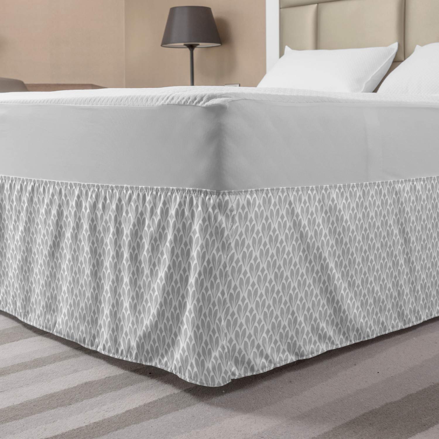 Ambesonne Queen Size Abstract Elastic Bed Skirt - Botanical Floral Design with Wrap Around Dust Ruffle, White & Pale Purple Blue for Bedroom Decor | Perfect for Master Bedroom, Guest Room & Home Staging