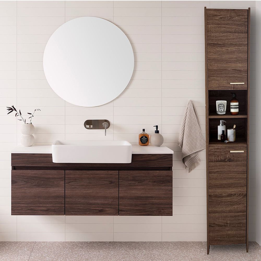 Alto Bathroom Tallboy Narrow High Cabinet with 2 Doors & 2 Shelves - Walnut Finish | Space-Saving Storage for Towels, Toiletries & Bathroom Essentials