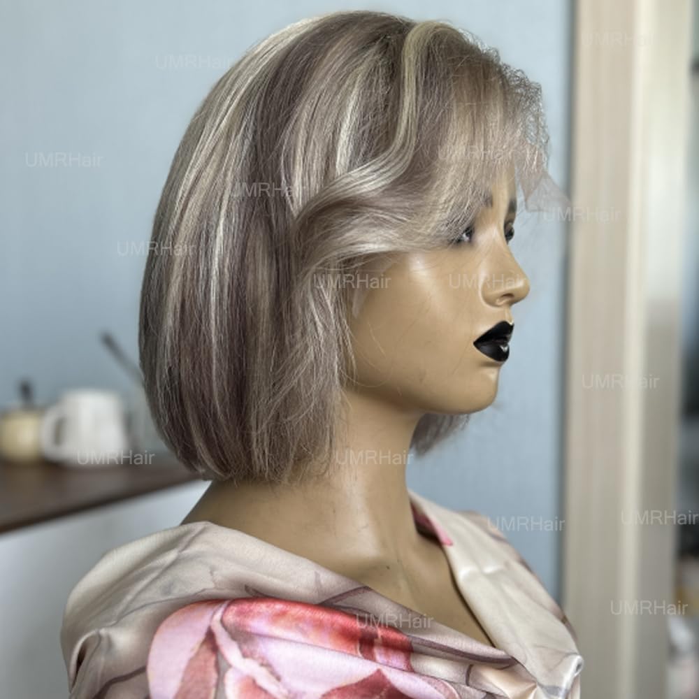 Platinum Blonde Short Bob Human Hair Wig with Purple Grey Highlights - Lace Front Wig for Women with Bangs & Baby Hair | Pre-Plucked 150 Density 12 Inch | Perfect for Cosplay, Parties & Daily Wear