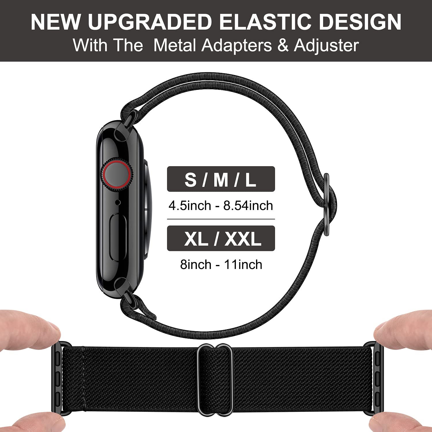 OXWALLEN Metal Connector Stretchy Nylon Solo Loop Band for Apple Watch Series 9/8/7/6/5/4/3 SE Ultra 2/1 (49/45/44/42mm) - Elastic Braided Strap with Stainless Steel Adapter - Perfect for Gym, Running & Everyday Wear (Black)