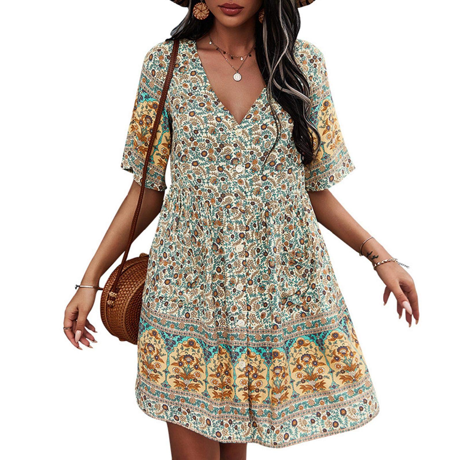 BINGMAX Women's Summer Floral Print Tunic Dress - Short Sleeve V-Neck Casual Dress for Beach, Vacation & Everyday Wear