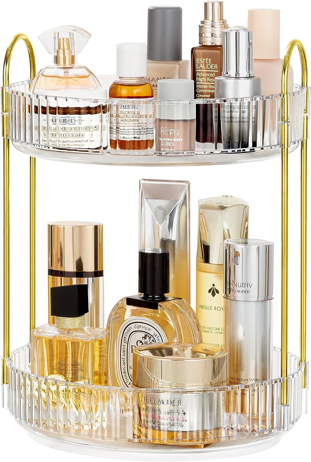 Vorey 360° Rotating 2-Tier Clear Makeup Organizer | Spinning Cosmetic & Skincare Storage for Vanity & Bathroom Countertop | Perfect for Brushes, Perfumes & Beauty Products