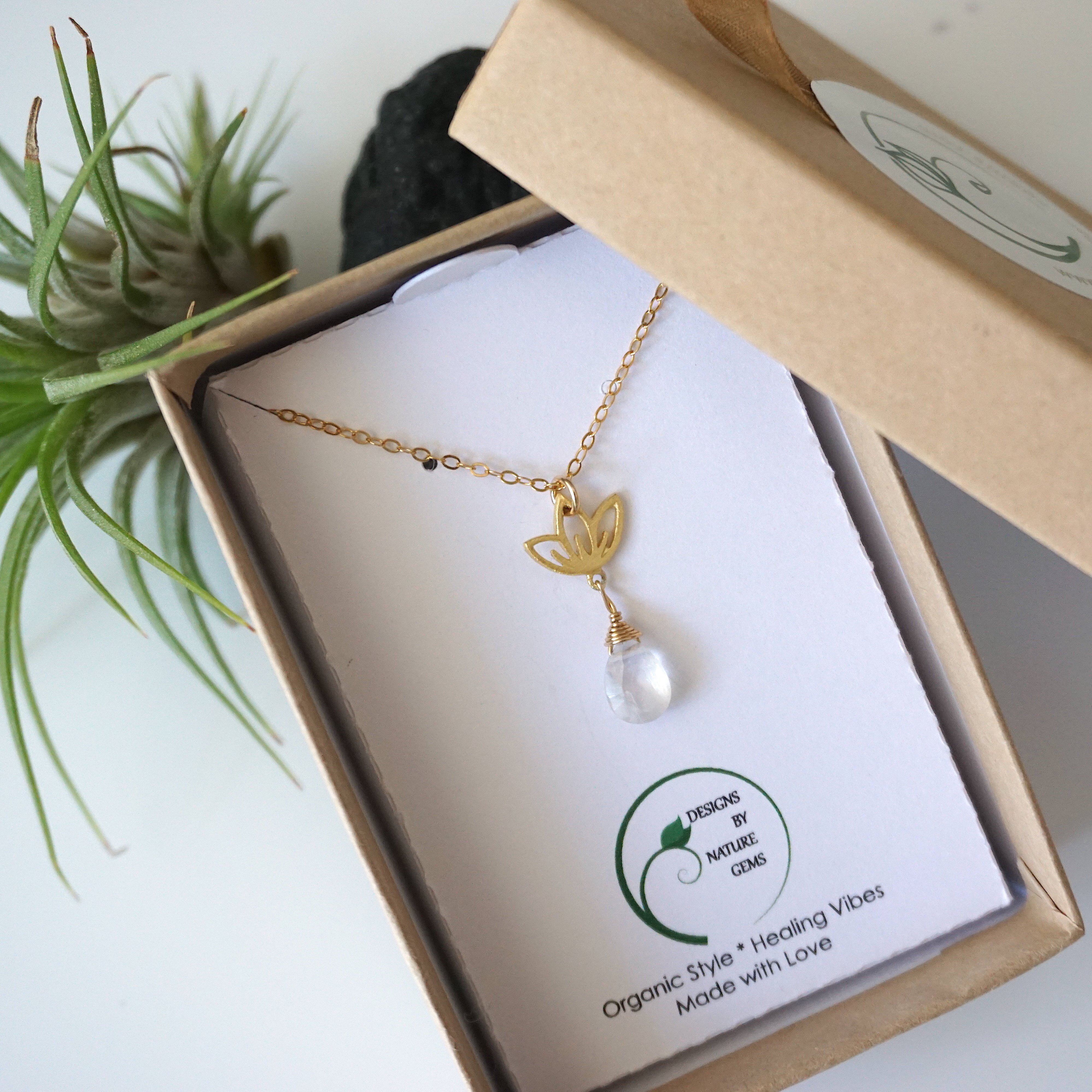 Rainbow Moonstone Necklace with Drop Lotus Charm - 14K Gold Filled Jewelry for Women, Elegant Boho Pendant Necklace for Everyday Wear & Special Occasions