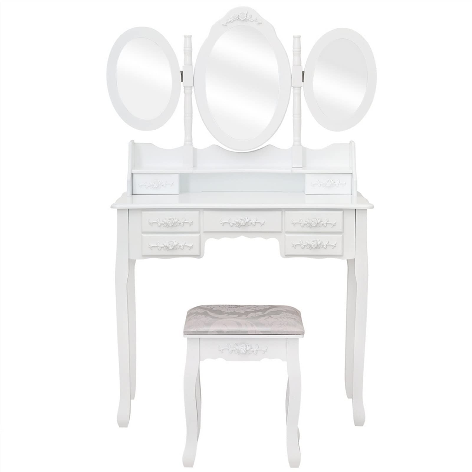 BZGWECD Vanity Set with 3 Foldable Oval Mirrors & 7 Drawers - MDF Dressing Table with Stool for Bedroom Makeup & Jewelry Organization | Perfect for Small Spaces, Bridal Suite & Girls' Room Decor