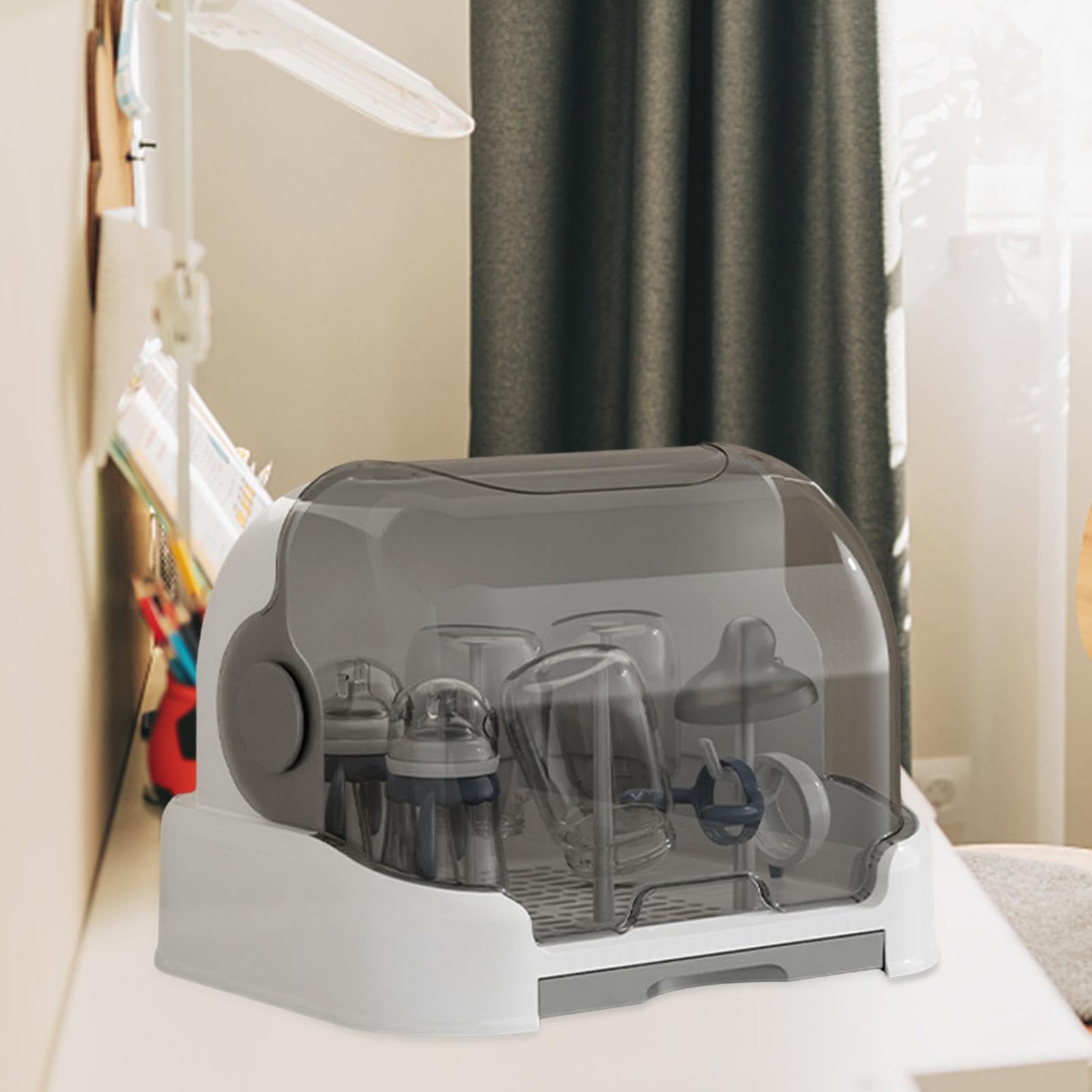 **Large Capacity Baby Bottle Drying Rack with Removable Water Tray & Dustproof Storage – Countertop Organizer for Baby Bottles, Pacifiers, and Breast Pump Parts – Perfect for Nursery, Kitchen, and Travel**