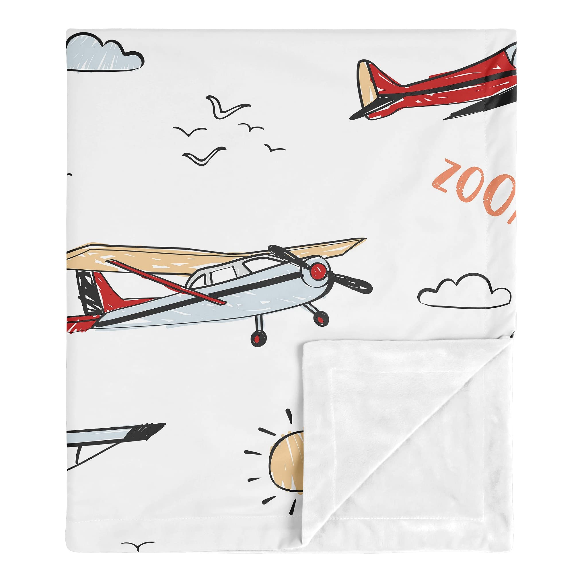 Vintage Airplane Baby Blanket - Soft Receiving Swaddle & Security Blanket for Newborns, Toddlers, Nursery, Car Seat & Stroller - Grey, Yellow, Orange, Red, White & Blue Airplane Design with Clouds - Perfect for Gifts, Travel & Nursery Decor