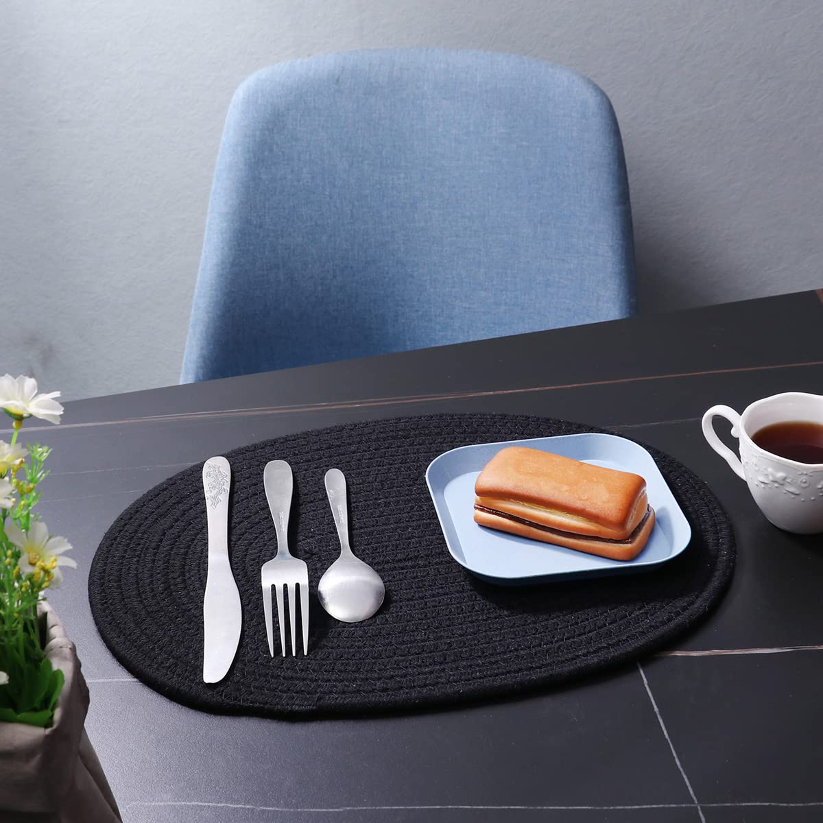 6 Pack Woven Cotton Placemats - 12x16 Inches Oval Braided Rattan Table Mats for Kitchen, Dining Table, Outdoor Party & Wedding Decoration - Elegant Plate Chargers for Everyday Use & Special Occasions (Black)