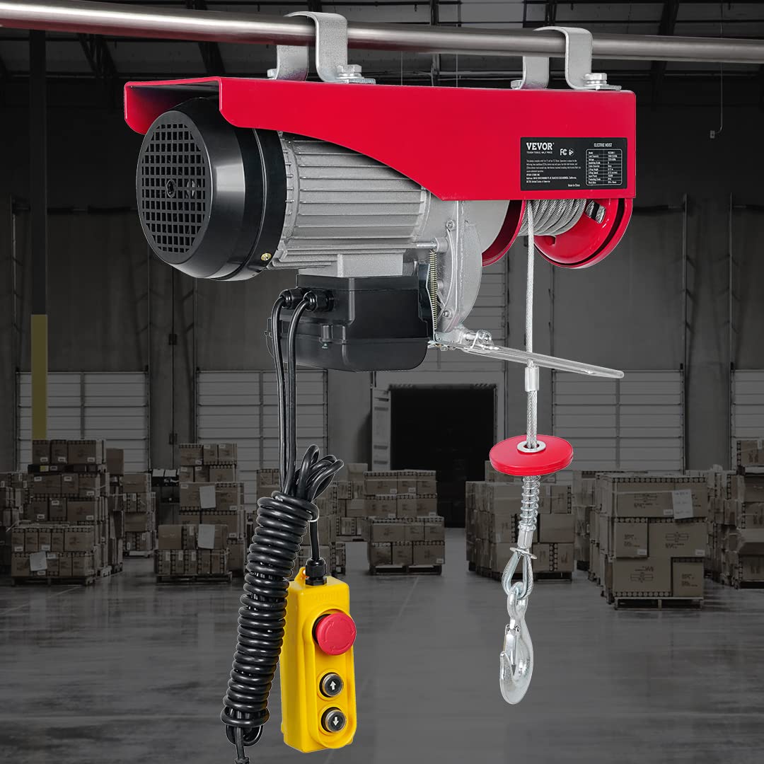 Happybuy 2200Lbs Electric Hoist - 110V Overhead Crane with Steel Hook & Remote Control - Ceiling Pulley Winch for Warehouse, Construction, Garage Lifting - Emergency Stop Switch Included (Red) - Perfect for Heavy Duty Material Handling and Industrial Applications