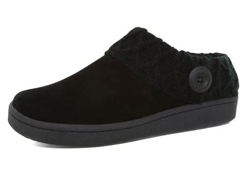 Clarks Women's Suede Leather Comfort Clog Knitted Collar Slippers with Plush Faux Fur Trim - Cozy Indoor/Outdoor House Shoes for Women - Perfect for Home, Lounge & Backyard (Black/Black, Size 8M)