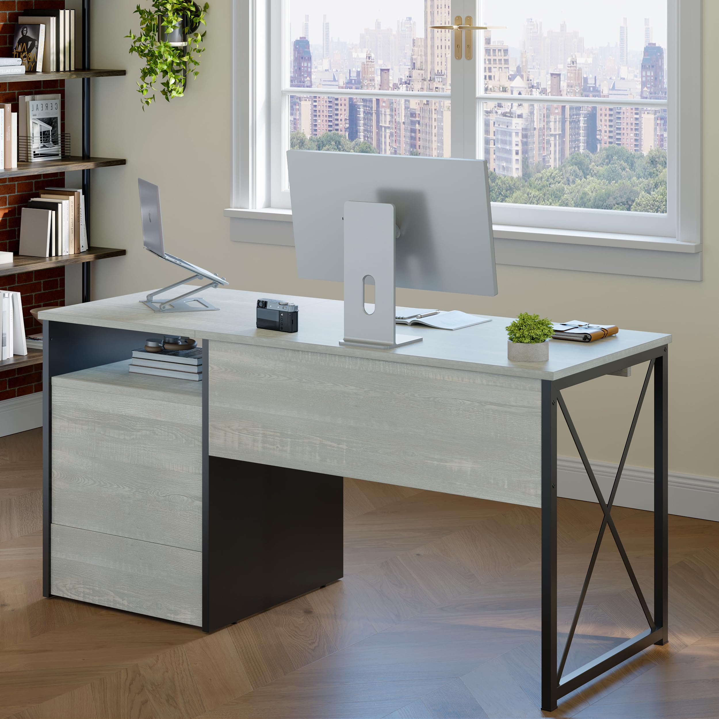 Bestier 55 Inch Industrial Office Desk with Drawers & Keyboard Tray - Wooden Computer Desk with Storage Shelf & File Drawer - Home Office Desk for Work, Study & Gaming - Wash White Finish