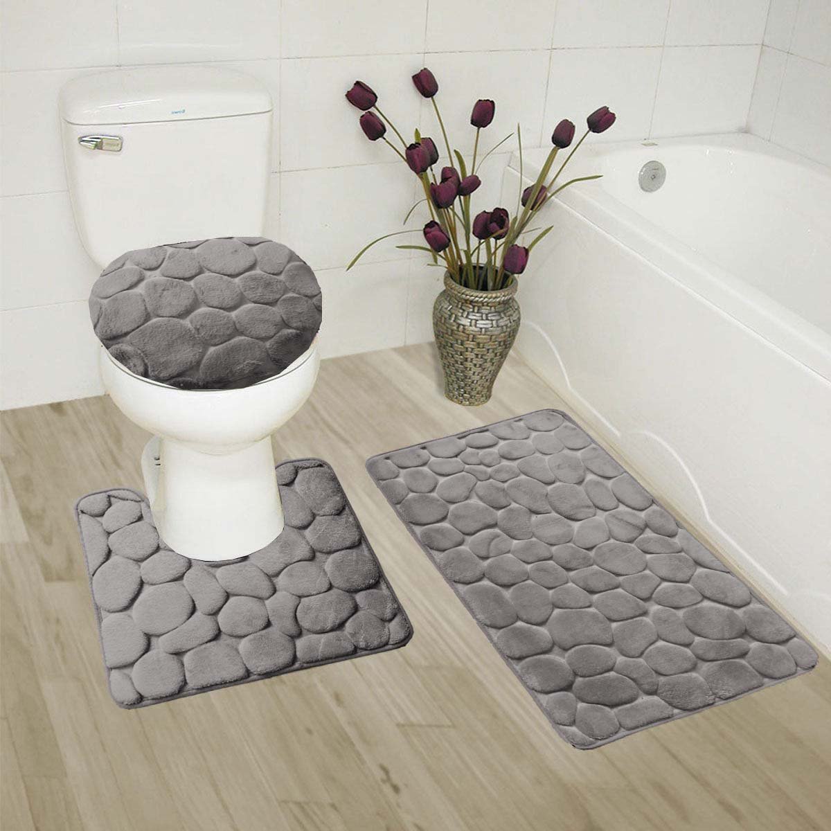 GorgeousHome 3-Piece Rock Embossed Carved Bathroom Set - Non-Slip Bath Mat, Contour Rug & Toilet Lid Cover with Rubber Backing (Grey) | Water Absorbent, Modern Decor for Bathroom, Shower, Vanity Area