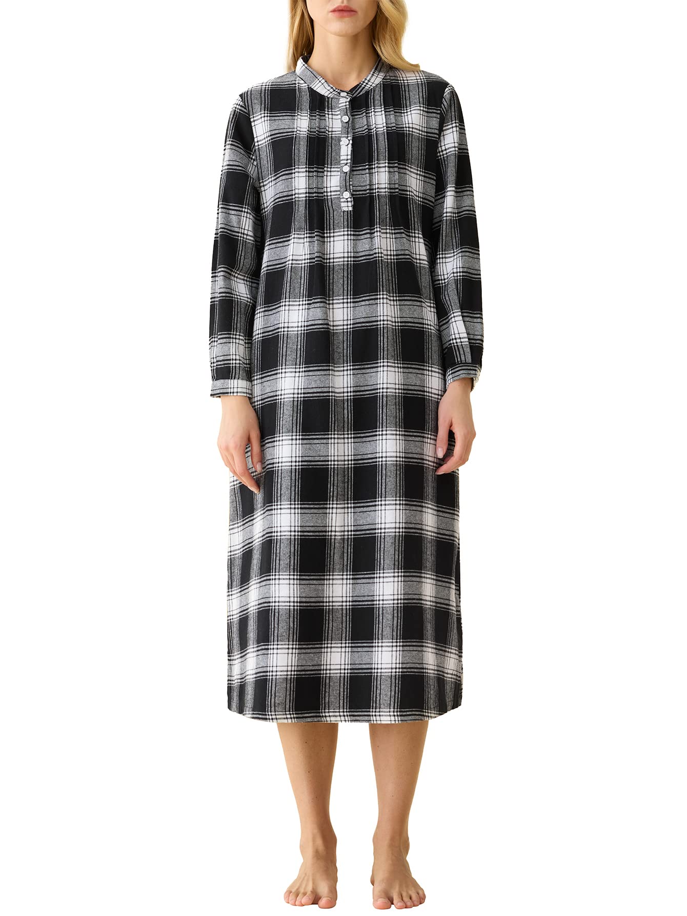 Women's Long Sleeve Cotton Plaid Flannel Nightgown with Pockets - Soft & Comfortable Sleepwear for Winter, Cozy Loungewear at Home, Perfect Gift for Mom & Wife