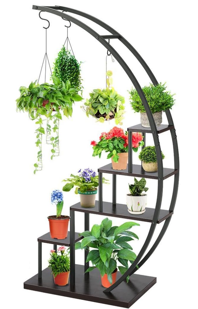 SEJOV 5-Tier Metal Plant Stand - Half Moon Shaped Ladder Flower Pot Rack for Indoor & Outdoor Use | Perfect for Living Room, Balcony, Bedroom & Patio Decor | Space-Saving Plant Holder Shelf (Black, 1 Pack)