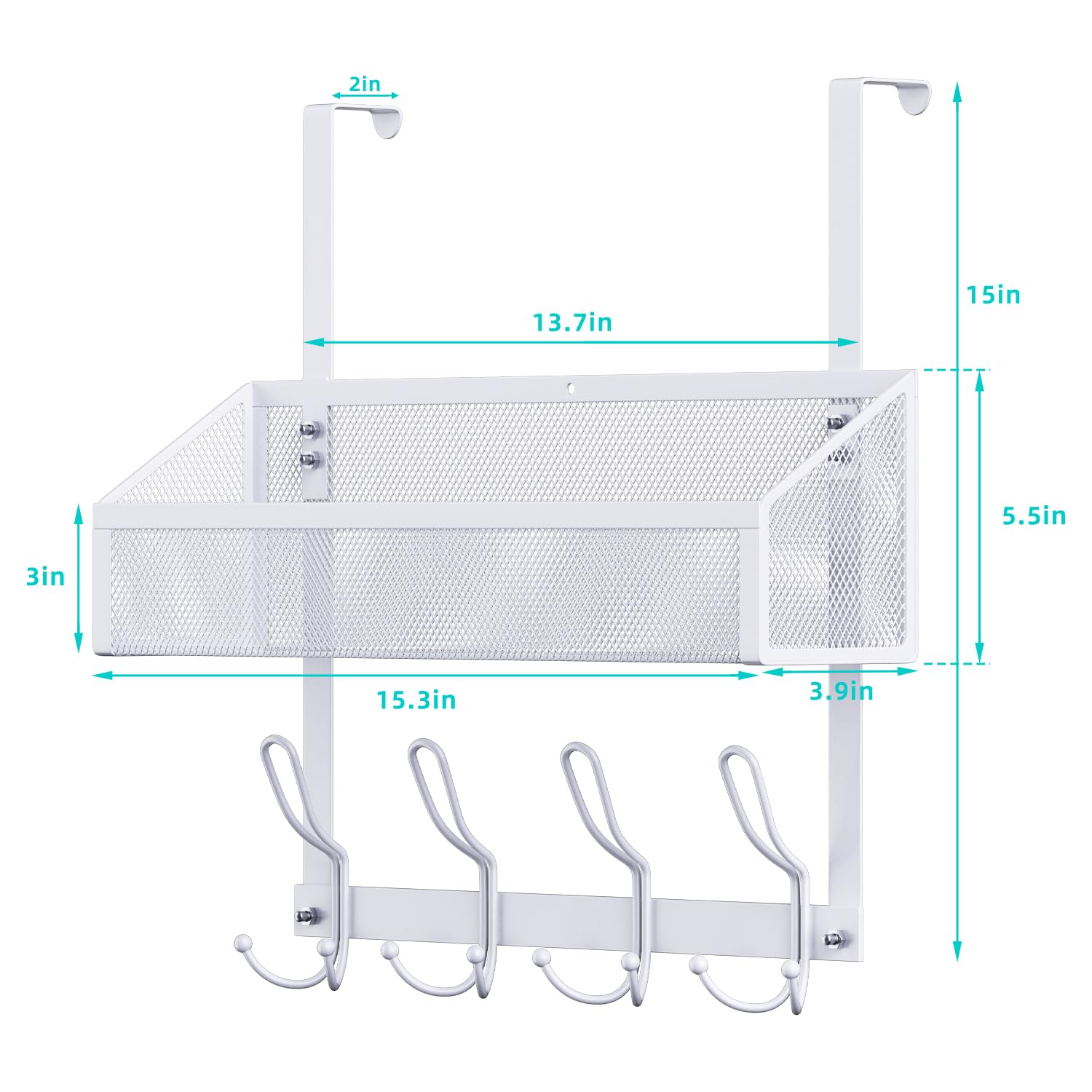 12-Pack Over The Door Hooks Organizer with Mesh Basket - Space Saving Storage Rack for Bedroom, Bathroom, Kitchen & Pantry - Perfect for Towels, Robes, Hats & Accessories (White)