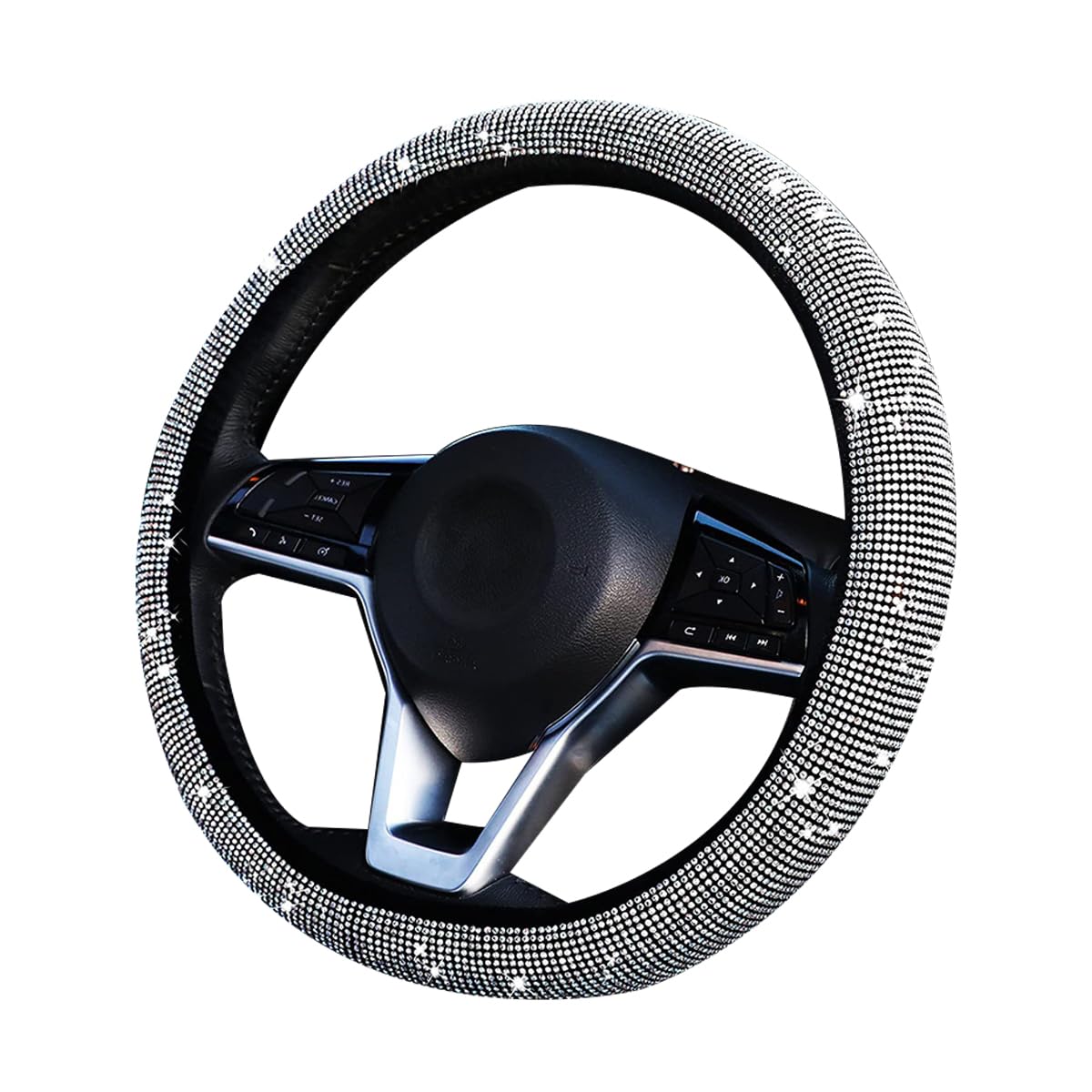 Sparkling Crystal Diamond Rhinestone Steering Wheel Cover - 15 Inch Anti-Slip Elastic Universal Fit for Cars, SUVs & Vehicles - Luxurious Bling Car Interior Accessories (White) - Perfect for Night Driving, Car Shows & Adding Glam to Your Ride