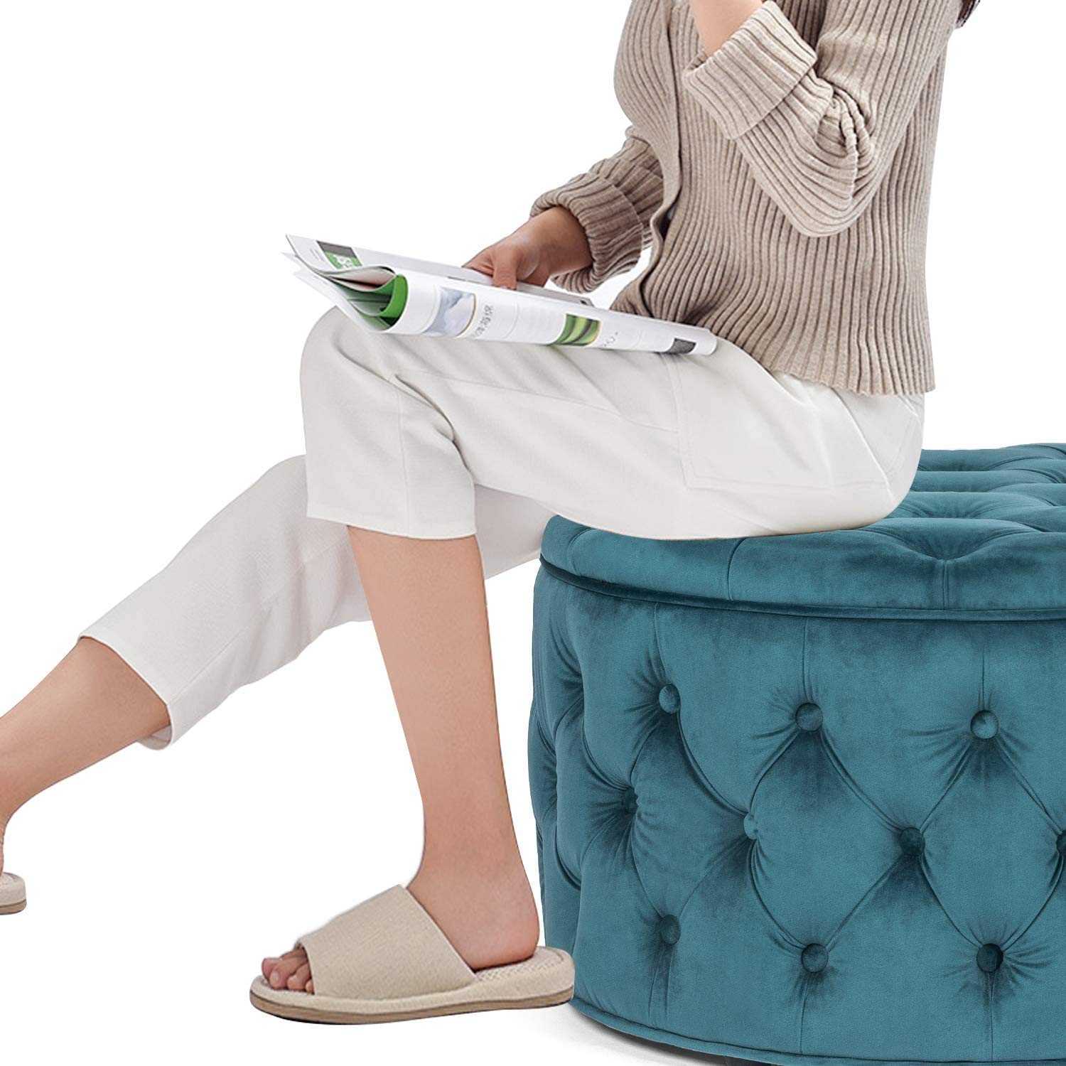 Homebeez 28 Inch Velvet Round Storage Ottoman with Button Tufted Design - Multi-Functional Footrest Stool, Bench & Coffee Table for Living Room, Bedroom or Nursery (Dark Teal) | Perfect for Extra Seating, Storage & Home Decor