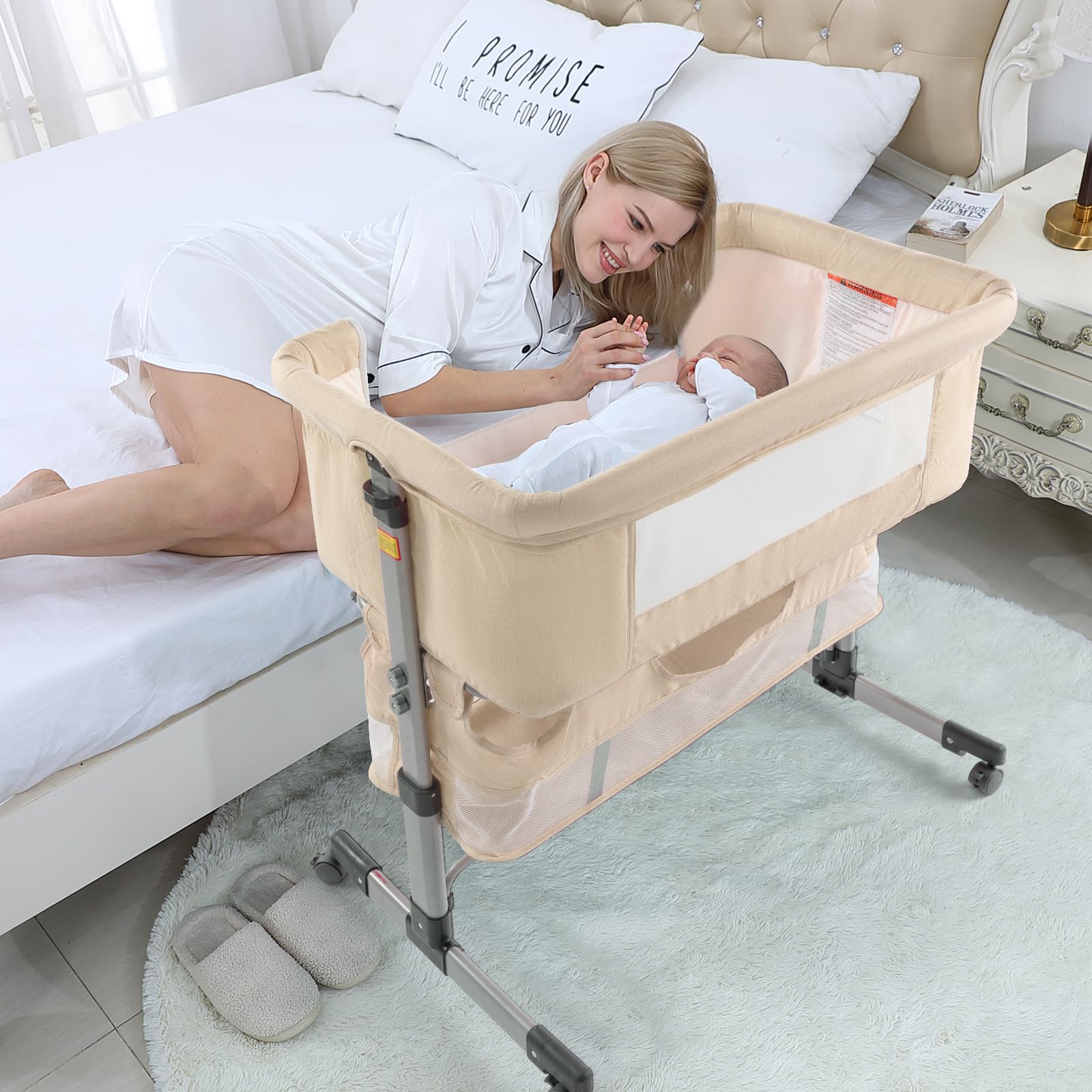 3-in-1 Portable Adjustable Bedside Crib for Newborn Baby - Convertible Bassinet with Mosquito Net for Girls & Boys - Deep Khaki - Perfect for Nursery, Bedroom & Travel