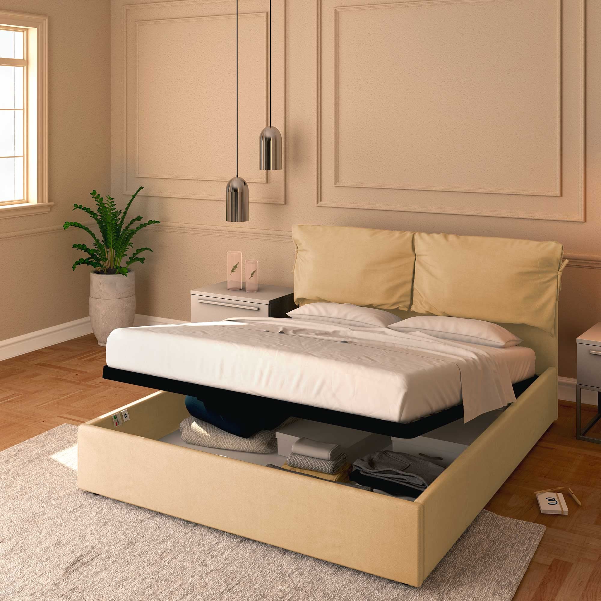 Baldiflex Single Bed with Storage - Licia Soft Synthetic Leather Upholstery, Slatted Base for Single Mattresses, 140 x 190 cm, Padded Headboard, Beige Color | Perfect for Small Bedrooms, Guest Rooms & Studio Apartments