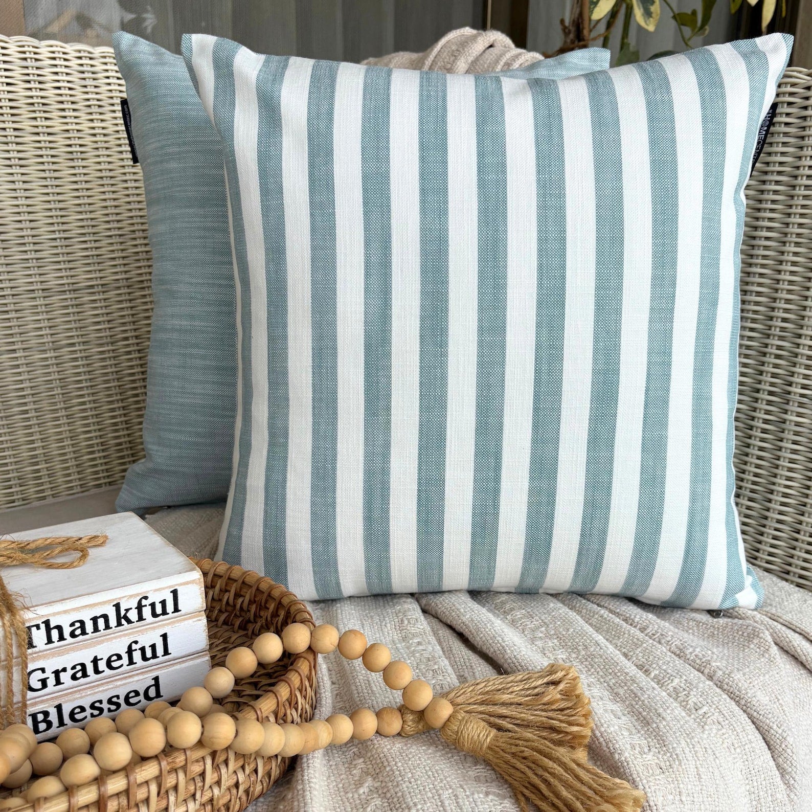 Aqua Cotton Throw Pillow Cover - Soft Striped Plush Cushion Case for Sofa, Bed & Home Decor - 18x18 Inches