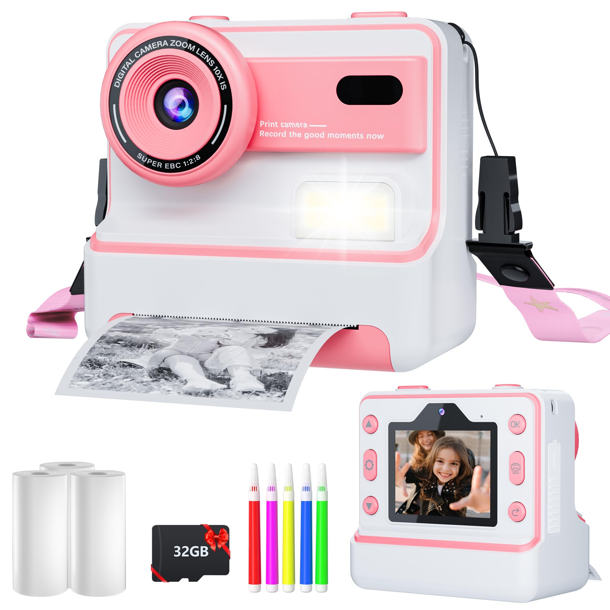 Instant Print Kids Camera for Girls & Boys Ages 3-12 - 1080P Digital Camera with 32GB Card - Best Christmas Birthday Gift for 4-10 Year Olds - Perfect for Travel, Parties & Creative Play