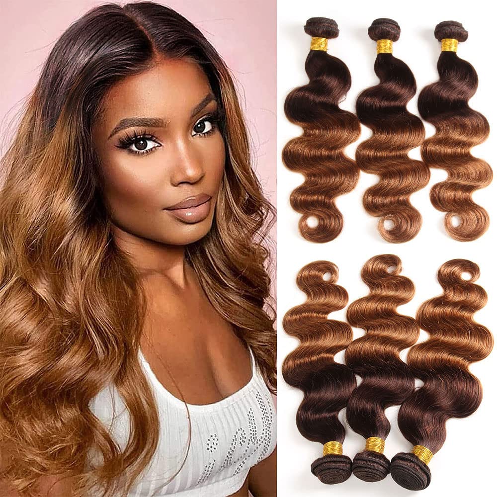 100% Unprocessed Brazilian Body Wave Human Hair Bundles - 3-Pack T4/30 Medium Brown/Medium Auburn Ombre (24