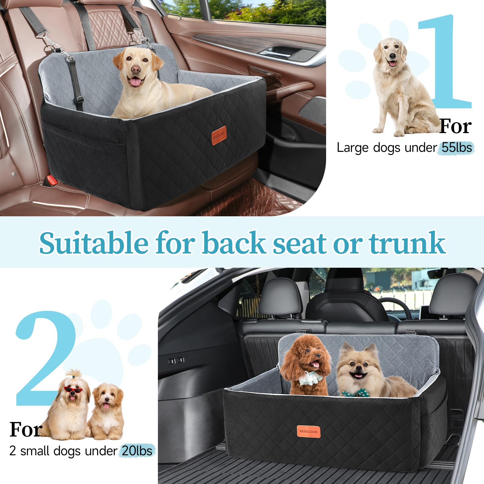 **Premium Dog Car Seat for Medium & Large Dogs - Washable & Detachable Pet Booster Seat for Dogs Up to 55 lbs or 2 Small Dogs - Backseat Dog Bed with 2 Safety Leashes (Black/Grey) - Perfect for Road Trips & Daily Commutes**