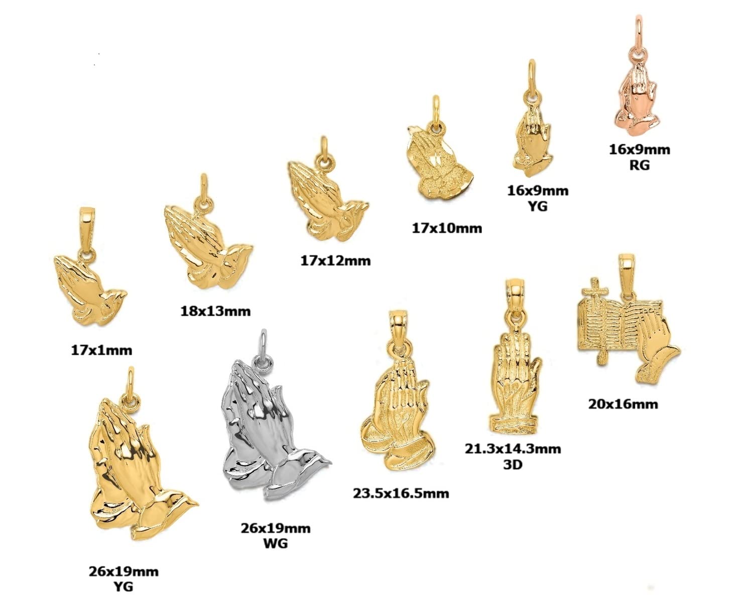 14K Yellow, White & Rose Gold Praying Hands Pendant Necklace - Religious Jewelry Gift for Women, Men & Teens - Perfect for Church, Weddings & Daily Wear