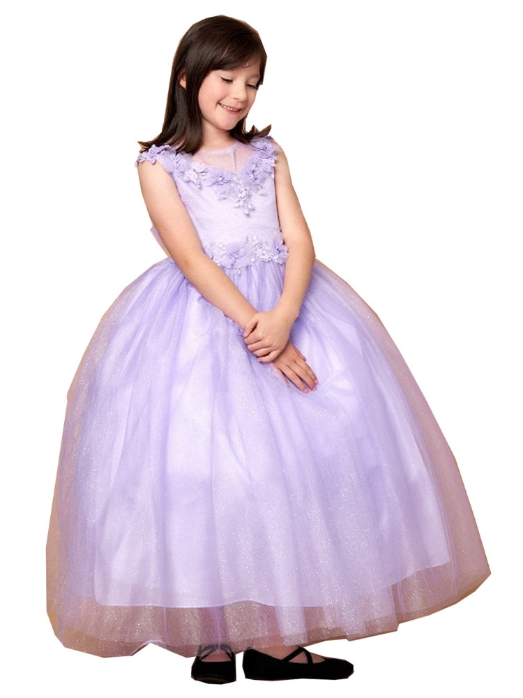 Big Girls Lilac Illusion Neckline Floral Applique Glitter Tulle Dress Size 16 - Perfect for Prom, Quinceañera, and Special Occasions