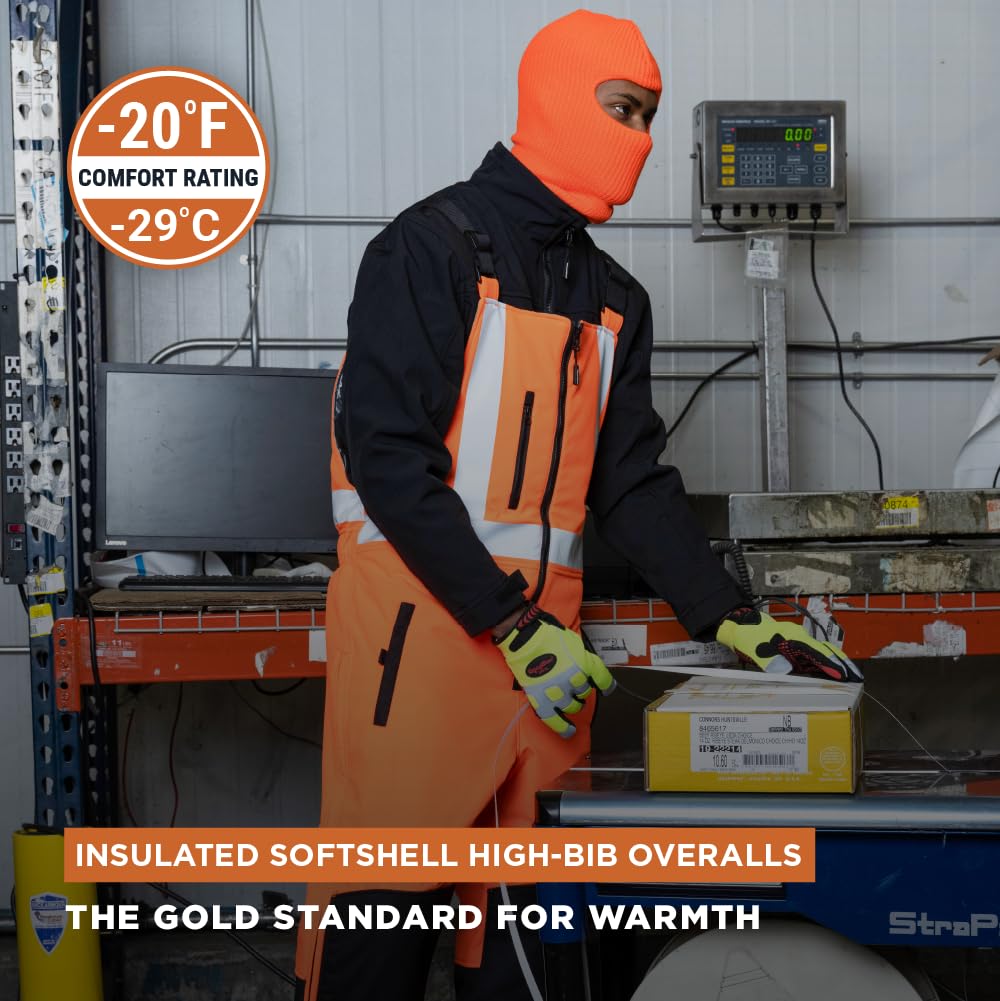 RefrigiWear Men's HiVis Insulated Softshell High-Bib Overalls -20°F (-29°C) | Cold Weather Workwear for Construction, Hunting & Outdoor Jobs | High Visibility Winter Coveralls for Safety & Warmth