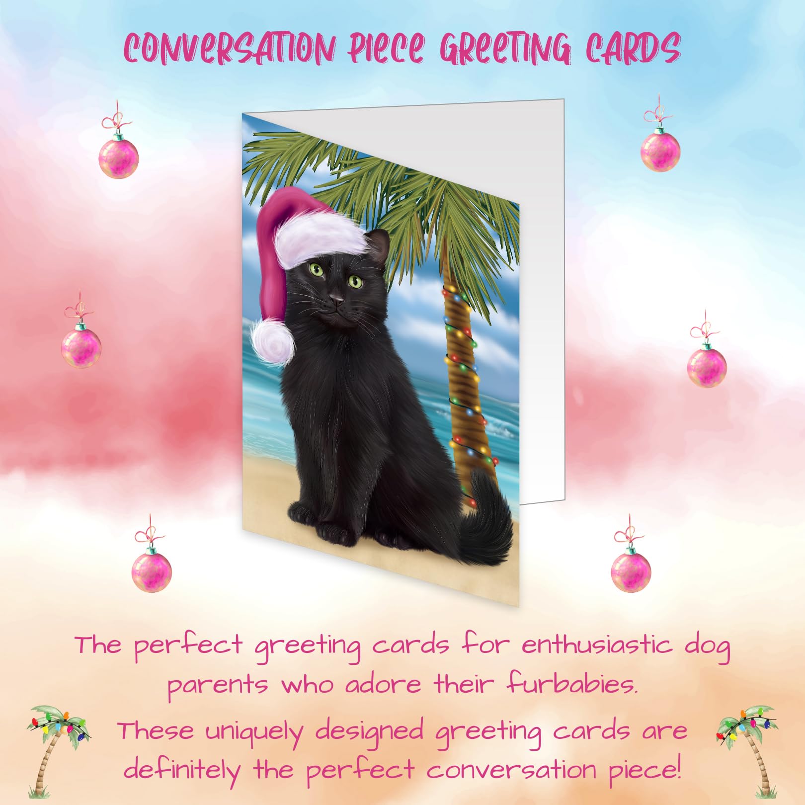 Tropical Beach Black Cat Greeting Cards - 10 Adorable Pet Invitation Cards with Envelopes - Perfect for Christmas, Birthday & Special Occasions - Pet Lover Artwork GCD67649 | Ideal for Cat Owners, Holiday Gifts & Party Invitations