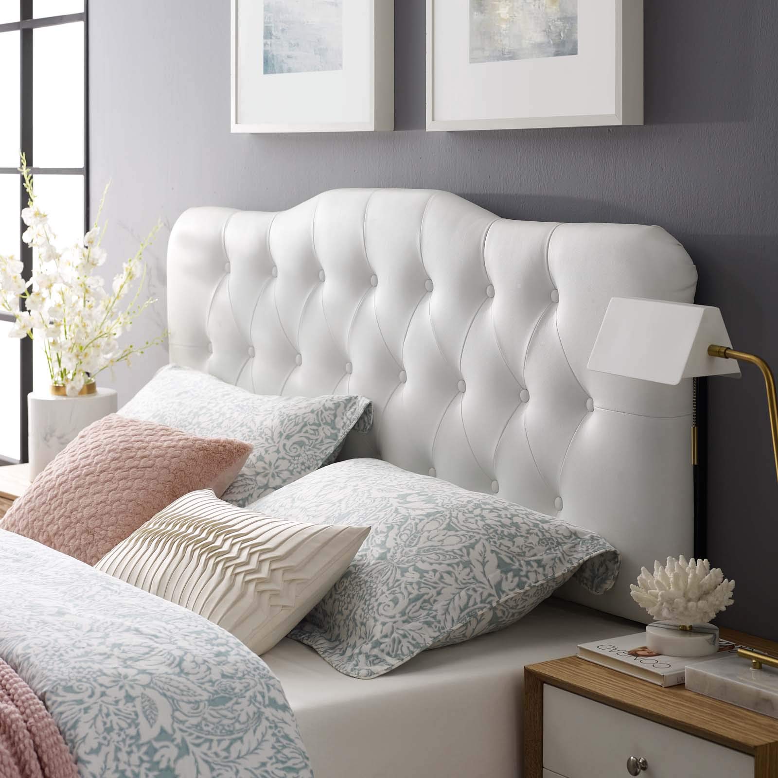 Modway Annabel Tufted Button Faux Leather Upholstered Queen Headboard in White - Elegant Bedroom Decor for Modern Homes & Master Suites