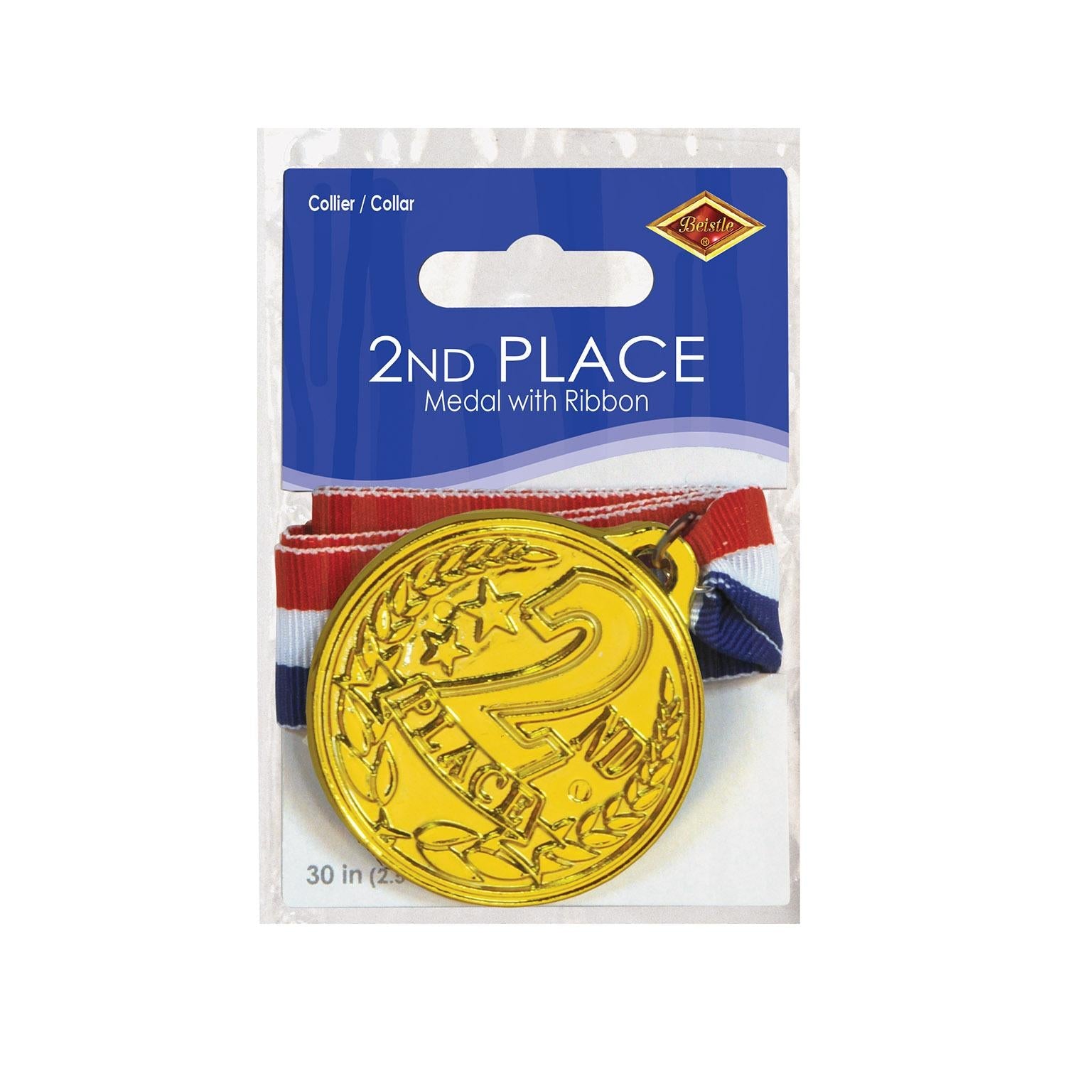 12 Pack Beistle 2nd Place Silver Medals with Red White Blue Ribbons - Perfect for Sports Competitions, School Awards & Kids Prize Ceremonies