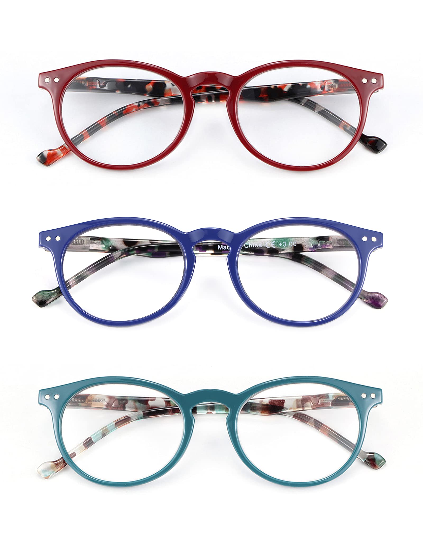 MDee Reading Glasses 3 Pack - Blue Light Blocking Readers for Women with Spring Hinges, Classic Round Frame | Perfect for Computer Work, Reading & Office Use