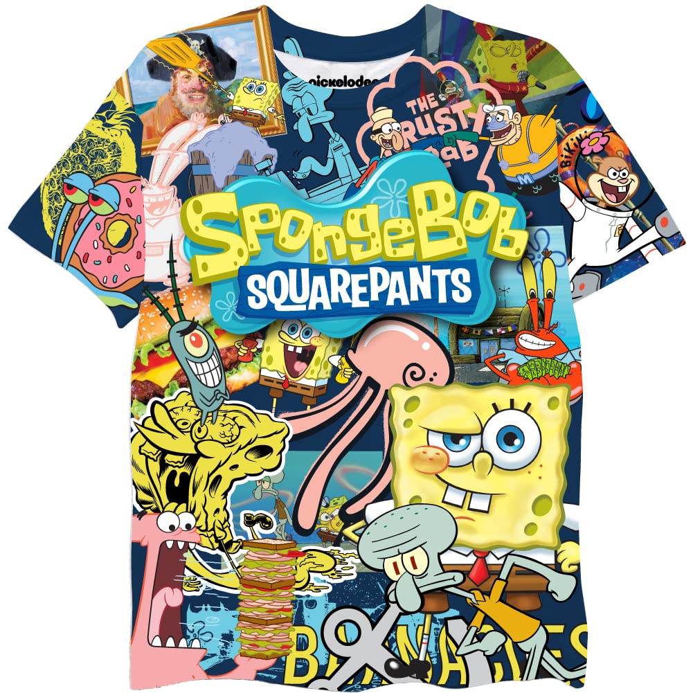 SpongeBob SquarePants Cartoon Character Boys T-Shirt - Patrick, Squidward & Mr. Krabs Graphic Tee - Nickelodeon Licensed Cotton Shirt for Kids Sizes 4-20 - Perfect for Birthday Gifts, School & Playdates