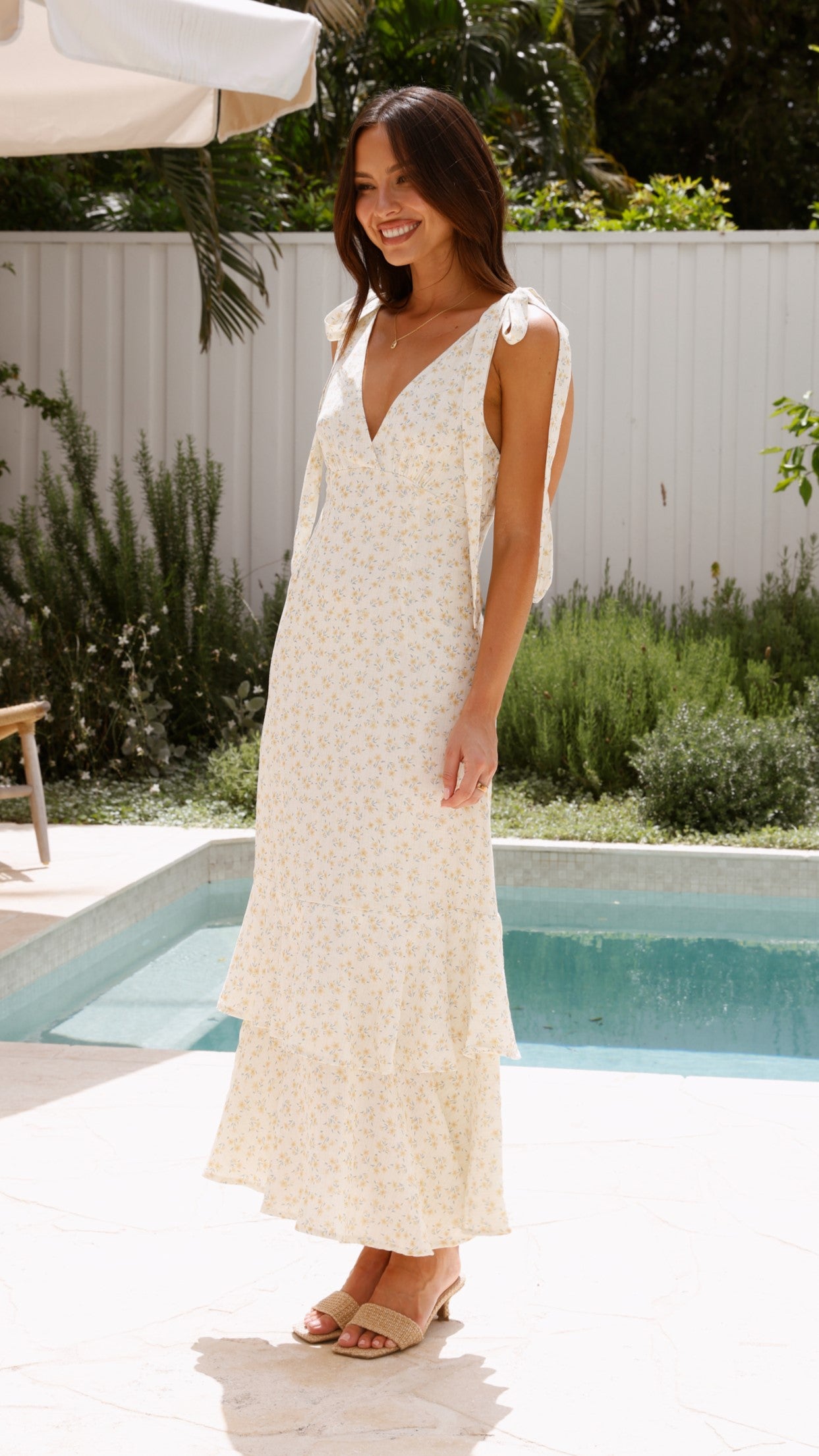 Idana Maxi Dress for Women - Cream Floral Print Long Summer Dress, Beach Wedding Party Vacation Outfit