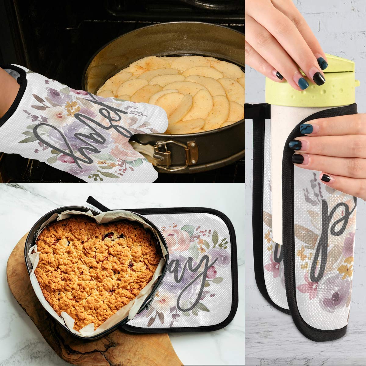ALAZA Heat Resistant Christian Rose Flower Oven Mitts & Pot Holders Set - Religious Kitchen Gloves for Cooking, Baking, Grilling - Perfect for Church Events, Family Gatherings & Holiday Meals